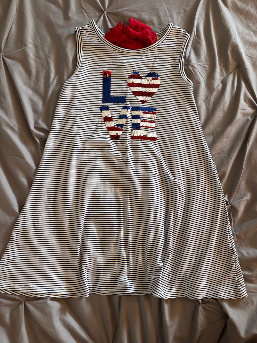 Girls Navy & White Stripe Sleeveless Dress with 'LOVE' Sequin Detail
